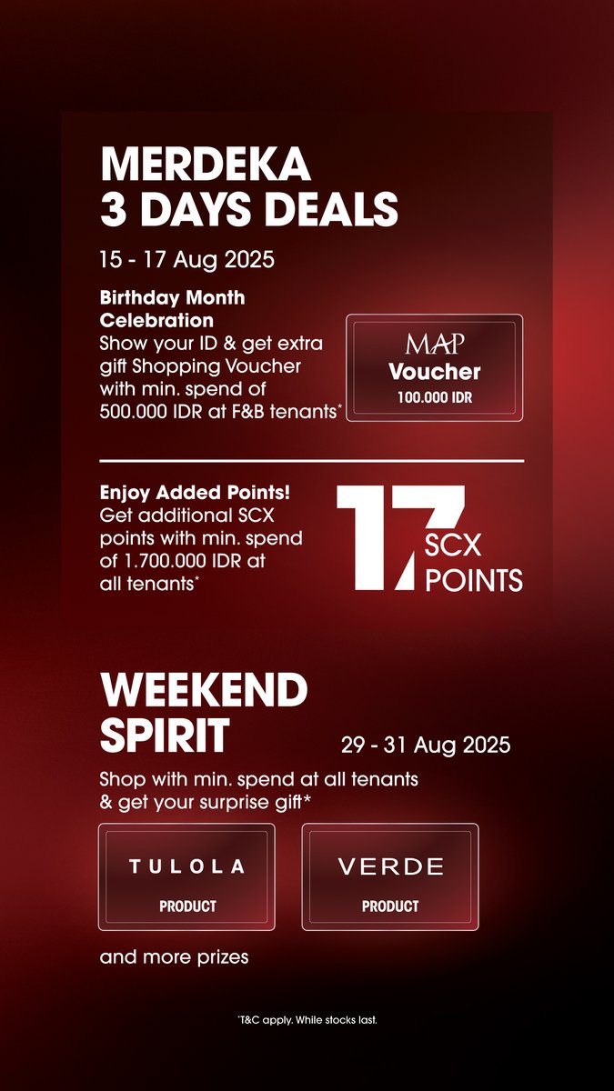 GLORIFY INDONESIA
Celebrate fashion, art, and culture until 30 Aug.
A tribute to Indonesia’s timeless elegance—only at Senayan City.

#GlorifyIndonesia #SenayanCity #MerdekaFashion