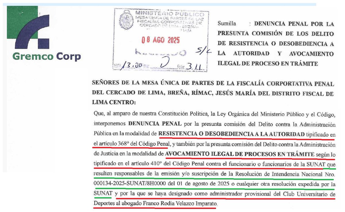 mariano3154's tweet photo. POR LA ELECCION DE VELAZCO COMO ADMINISTRADOR DE UNIVERSITARIO HASTA EL AÑO 2028
GREMCO HA DENUNCIADO PENALMENTE AL FUNCIONARIO DE LA SUNAT QUE EMITIO LA RESOLUCION PARA SU NOMBRAMIENTO
🔴GREMCO señala que el o los funcionarios de la SUNAT que emitieron y/o suscribieron la Resolución de Intendencia Nacional N° 000134-2025-SUNAT/8H0000, de fecha 1 de agosto de 2025, mediante la cual se designó a FRANCO VELAZCO COMO ADMINISTRADOR DE UNIVERSITARIO POR UN PERIODO FORZOSO DE 3 AÑOS contados desde el 01-08-2025 hasta el 31-07-2028 HABRIAN COMETIDO LOS DELITOS de resistencia o desobediencia a la autoridad y avocamiento ilegal de procesos en trámite.
🔴GREMCO expresa que la SUNAT, al emitir la resolución mediante la cual nombró a FRANCO VELAZCO como administrador de UNIVERSITARIO por un PERIODO FORZOSO DE TRES AÑOS HASTA EL AÑO 2028, HA VULNERADO LA SENTENCIA DEL TC que en el proceso de inconstitucionalidad contra la Ley N° 31279, resolvió lo siguiente:
"2. INTERPRETAR que el plazo de suspensión previsto en el artículo 3 de la Ley 31279 REGIRA POR UN PLAZO MAXIMO DE 3 AÑOS contados a partir de la fecha de publicación de la presente Sentencia" 
LO QUE SIGNIFICA que, si la sentencia del TC se publicó el 6 de septiembre de 2023, la suspensión del proceso concursal DEBE CONCLUIR COMO MAXIMO EL 6 DE SEPTIEMBRE DE 2026.
🔴GREMCO señala que el artículo 81° del Nuevo Código Procesal Constitucional establece lo siguiente:
"LAS SENTENCIAS DEL TC EN LOS PROCESOS DE INCONSTITUCIONALIDAD (...) que queden firmes TIENEN AUTORIDAD DE COSA JUZGADA por lo que vinculan a TODOS LOS PODERES PUBLICOS y producen efectos generales desde el día siguiente a la fecha de su publicación"
🔴POR LO QUE LA SUNAT al formar parte de la Administración pública ESTA OBLIGADA A ACATAR LA SENTENCIA DEL TC emitida en el proceso de inconstitucionalidad de la Ley N° 31279.
En tal sentido FRANCO VELAZCO NO PUEDE DESEMPEÑARSE COMO ADMINISTRADOR DE UNIVERSITARIO MAS ALLA DEL 6 DE SEPTIEMBRE DE 2026
@fadrian106 @Espacio_Crema @ColectivoLolo
@Gustavo_p4 @Universitario @hinchadacrema
@tiempocrematv @GarraeHijas @ElDiarioCrema
@BomboDeLaBarra @SocioUAdherente @UnidosxLaU @LaComunidad1924 @Walo_1901
@SociosAL1901 @Sargheto @TelodijoElGato
@OccidentAL2017 @loloeterno1924 @ImparatoVelazco @NetoCavagneri @SociosU1924
@MelgarOficial @SUNATOficial @elcomercio_peru
@clubucv @FiscaliaPeru @ExpresoPeru
@_MilagrosLeiva @ColectivoWORLD @SunatFentat
@ValeriaBersaken @JALVAREZ31 @mbeesellares
@ysmael_tasayco