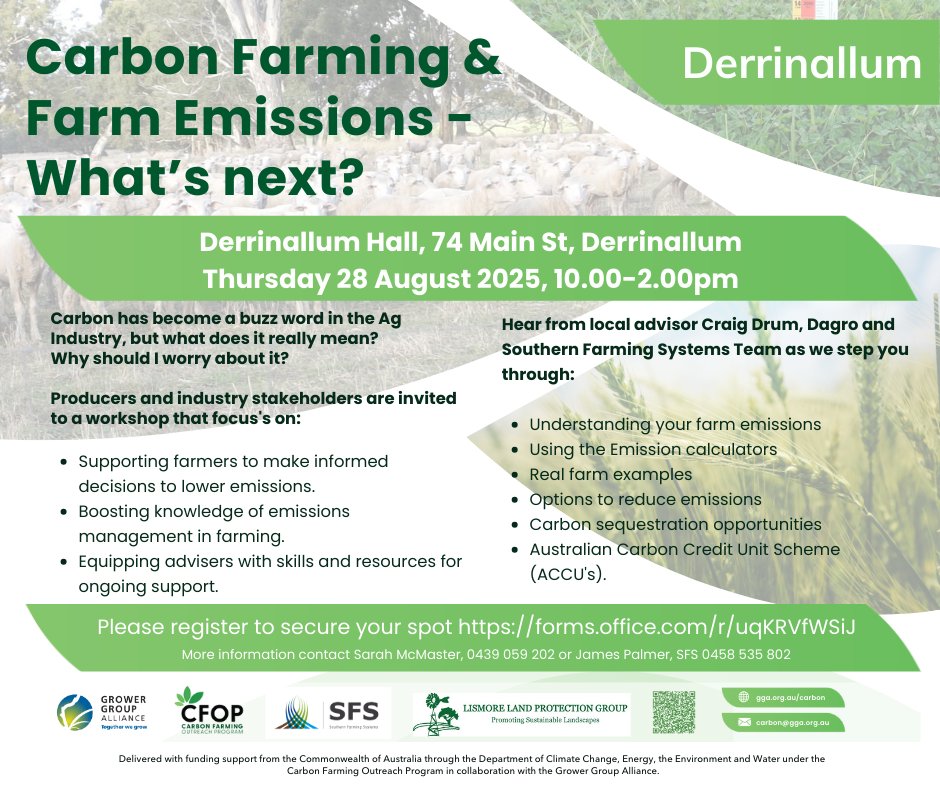 🌱 Carbon Farming &amp; Farm Emissions – What's Next?
Join us for a practical workshop to explore emissions management, carbon sequestration, and real farm examples.
📍 Derrinallum Hall, 74 Main St
📅 Thursday 28 August | ⏰ 10am–2pm
🔗 Register: forms.office.com/r/uqKRVfWSiJ