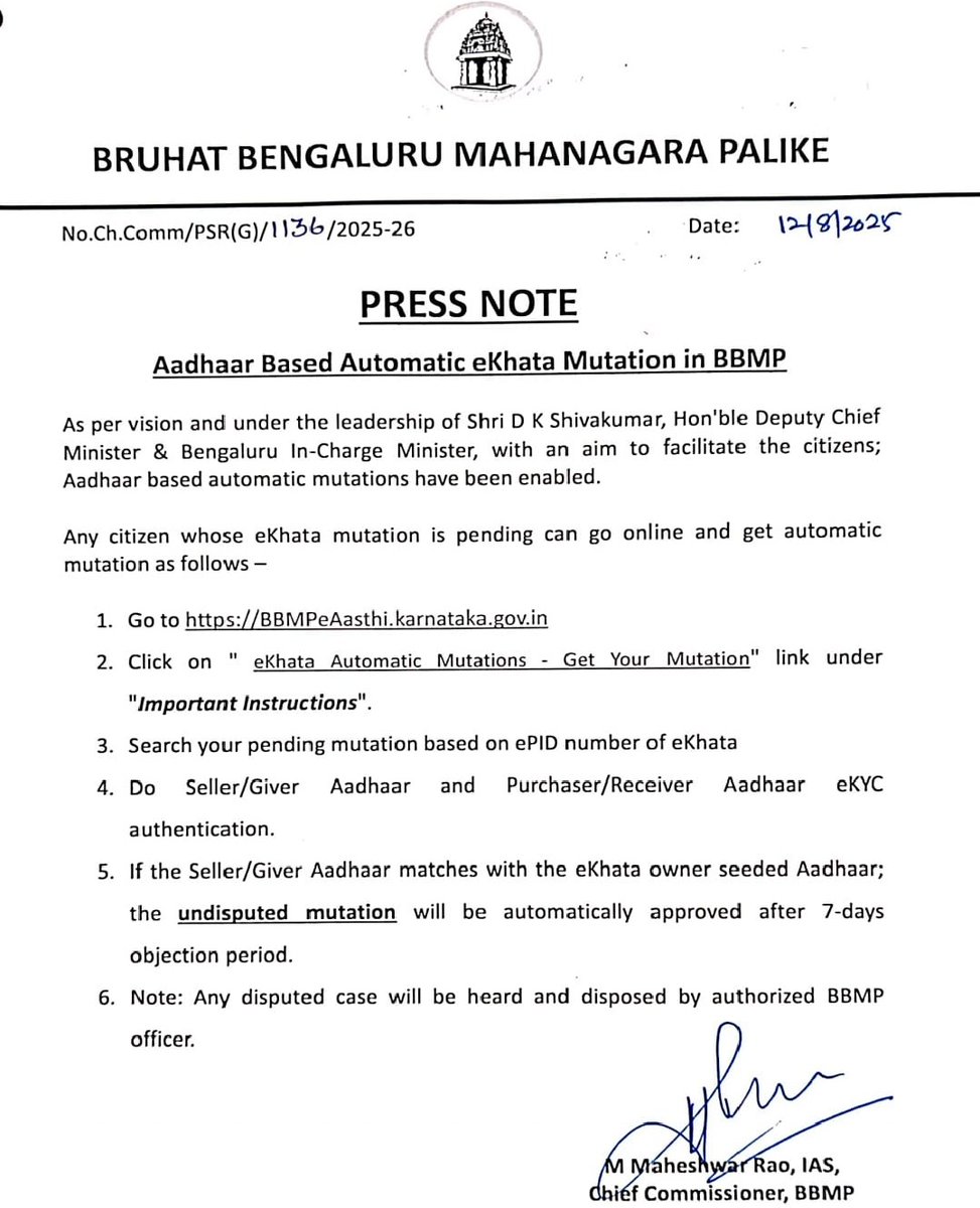 Maheshbr4U's tweet image. In a first of its kind in #India, #Karnataka govt has introduced Aadhaar based eKhata mutation in #Bengaluru BBMP, which will facilitate automatic recording of ownership changes of property 👏 Now eKhata is extending more benefits to Citizens !
@CMofKarnataka @DKShivakumar