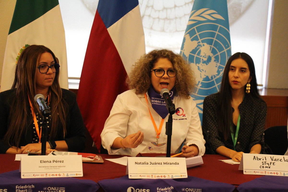 juarezmiranda's tweet photo. En la XVI Conferencia sobre la Mujer de @cepal_onu compartimos experiencias, nos conocimos y reconocimos con otras organizaciones sindicales de América Latina y el Caribe.
Por una agenda de cuidados, igualdad sustantiva y trabajo digno.
#MujeresSindicalistas
#XVIConferenciaMujer https://t.co/48y8C3nXK7