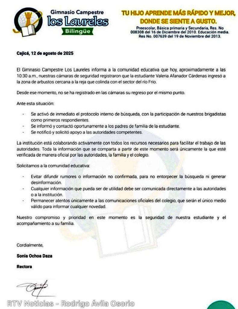 Valeria es una chiquita de tan solo 5 años, lastimosamente aún se encuentra desaparecida, agradezco a todos máxima difusión, la policía, bomberos, defensa civil y ejército se encuentran apoyando en la búsqueda, lo digo como mamá, esto es algo que no se le desea a nadie.  #Cajica