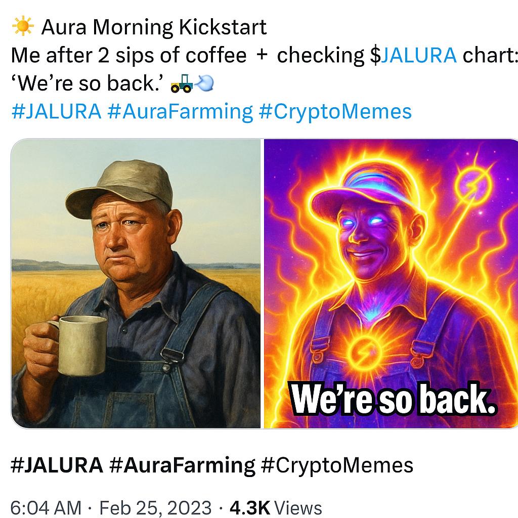 JaluraCoin's tweet photo. ☀️ Aura Morning Kickstart
Me after 2 sips of coffee + checking $JALURA chart:
“We’re so back.” 🚜💨
#JALURA #AuraFarming #CryptoMemes https://t.co/156dSY5ijI