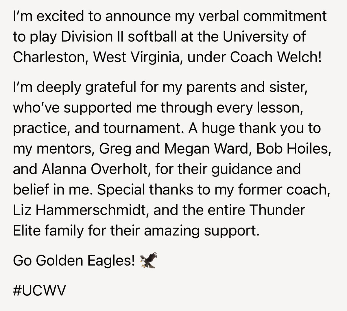 Happy to announce my verbal commitment to play DII 🥎 at <a href="/UcwvSoftball/">UCWV Softball</a>  with <a href="/CoachTaylorW/">Taylor Welch</a> !
<a href="/TEP_Zak/">Thunder Elite 18U Premier - Zak</a> 
<a href="/OilerPride22/">Jeff Steiner</a>