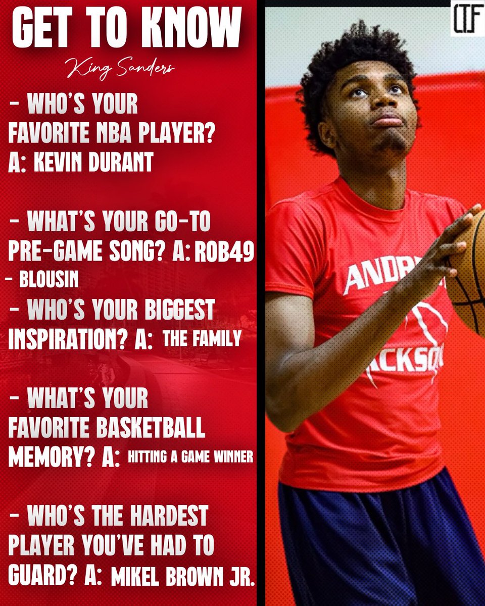 Get to know King Sanders, a dynamic 6’5” combo guard from Jacksonville, FL, currently at Andrew Jackson High School. 

Known for his scoring versatility.

<a href="/K1NGSAND3RS/">KING SANDERS</a>