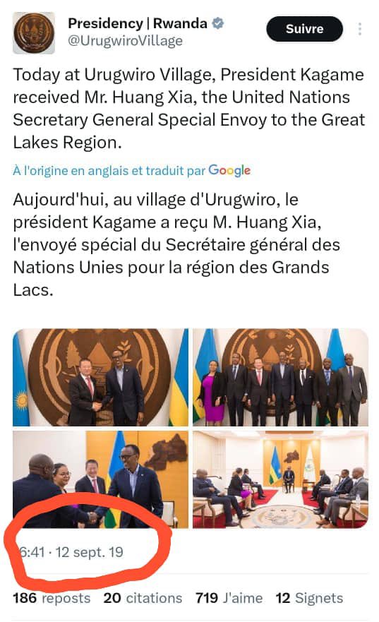 TazamaFact's tweet photo. #TazamaFact: Attention ⚠️, la Ministre Congolaise des affaires Étrangères Thérèse Kayikwamba Wagner n’a pas séjourné à #Kigali ce mardi 12 Août 2025 et non plus même ce lundi 11/08, contrairement à des messages appuyés par des photos qui circulent et commentées sur les réseaux sociaux depuis plusieurs heures. 

Ces photos où @kayikwambaT est visible, devenues virales sur les réseaux sociaux ont été prises et publiées le 12 septembre 2019 ( Réf: https://t.co/cIlcFRS17l), alors que le Président #Rwandais #Paul_Kagame(@PaulKagame) recevait une délégation conduite par Huang Xia, envoyé spécial du Secrétaire général des #Nations_Unies pour le région des Grands-Lacs.

#CONTRE_LA_DESINFORMATION
#CONTRE_LA_MESINFORMATION

@TazamaFact