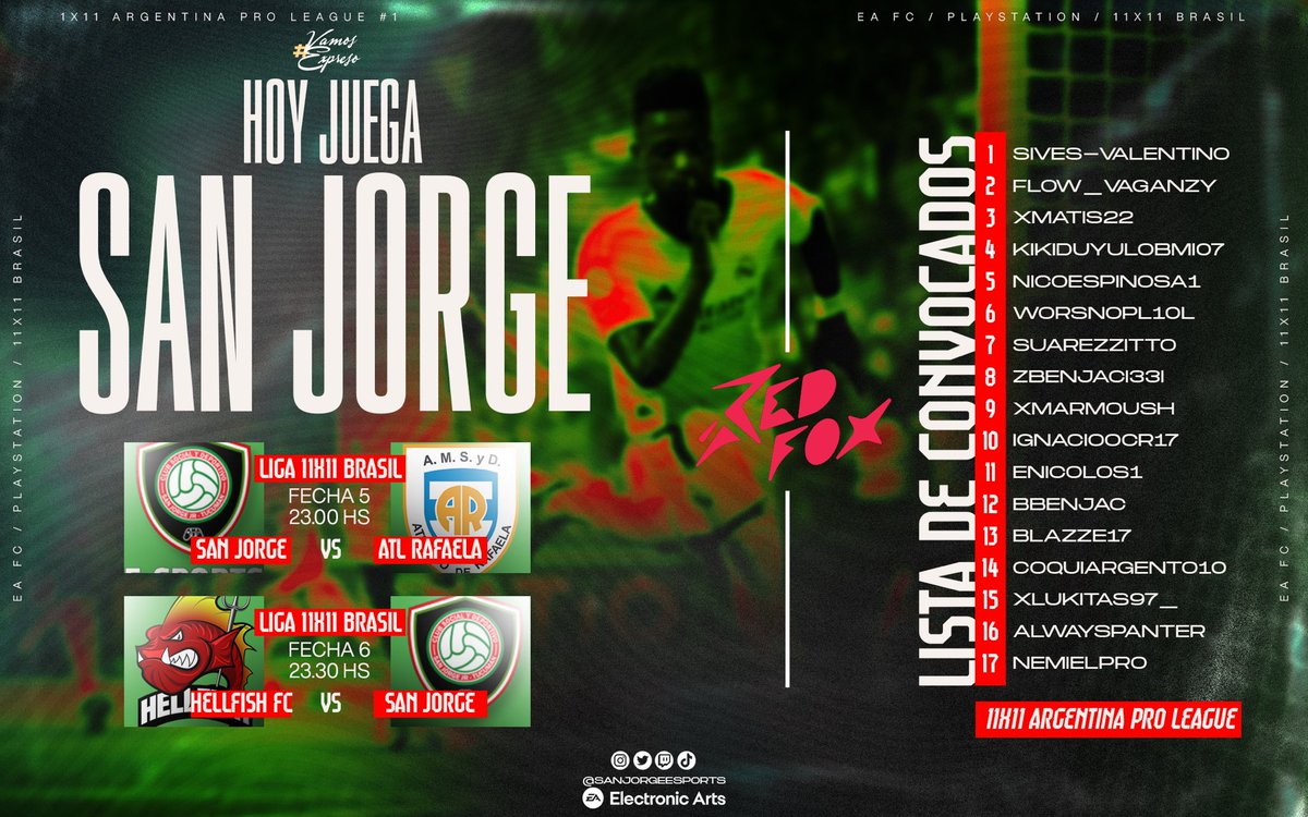 sanjorgeesports's tweet photo. ���🎮 ¡HOY JUEGA SAN JORGE! 💚❤️

⚔️ El equipo de Lucas Garay listo para la batalla:

@AtlRafaela 🆚 🟢 San Jorge – ⏰ 23:00
@HellFIsh_Fc1 🆚 🟢 San Jorge – ⏰ 23:30

💪 ¡A dejarlo todo, Expreso Verde!

#VamosSanJorge #Liga11x11 #FIFA https://t.co/02A70EY9So