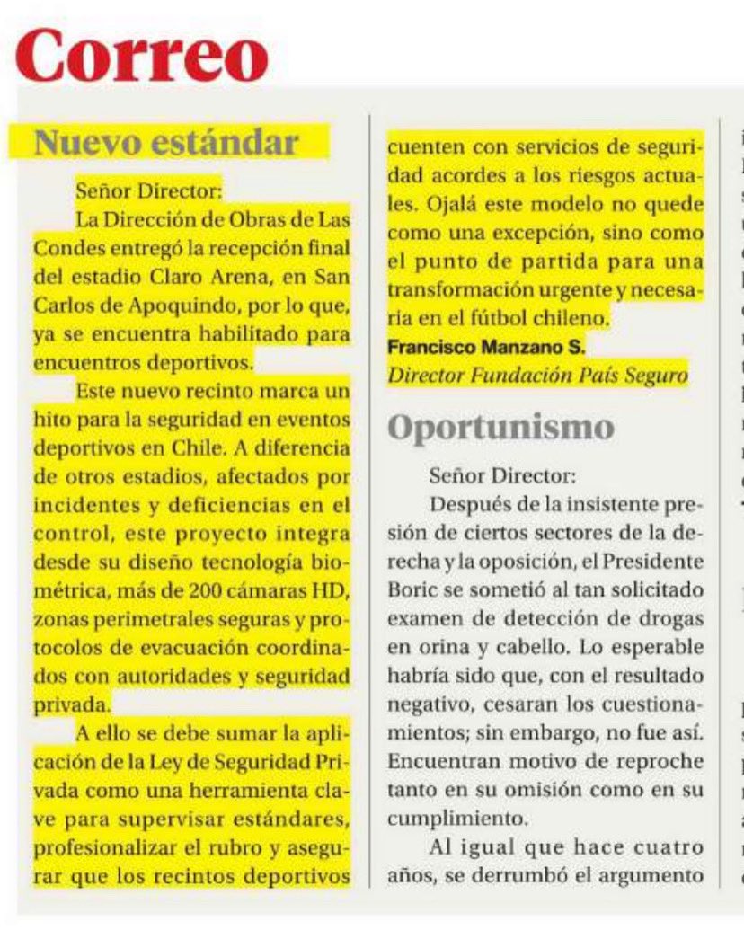 FPS_Chile's tweet image. [La Segunda] Correo al director “Nuevo Estándar”, en el marco del nuevo Claro Arena. Por Francisco Manzano, director de Fundación País Seguro 
#LosCruzados