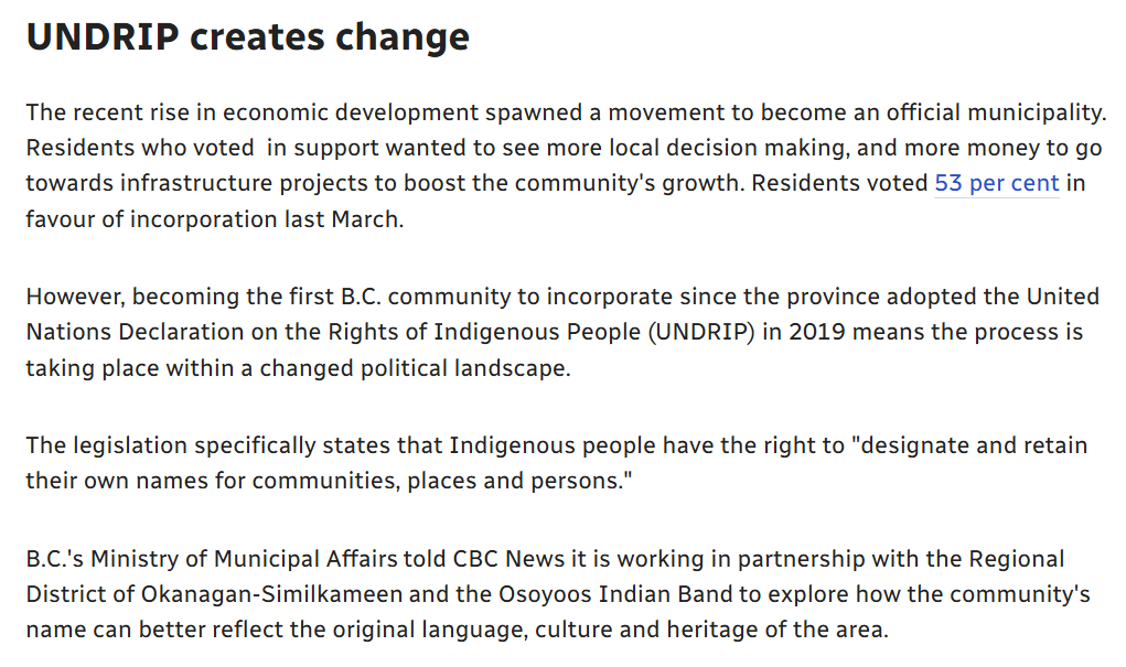 NVanCaroline's tweet photo. BC gets more ridiculous every day: 
Okanagan Falls is the 1st town to incorporate since UNDRIP; this means Indigenous grps (not Mayor &amp; Council) get to rename the town. Citizens don't want a rename, just 2% are First Nations &amp; there are 0 Indigenous language speakers in OK Falls. https://t.co/sp3XoXlJCp