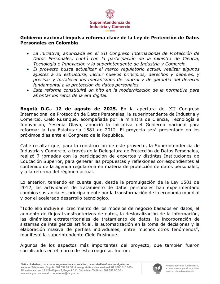 sicsuper's tweet photo. Gobierno impulsa reforma a la Ley de Protección de Datos 🇨🇴. Actualiza normas para la era digital, incorpora IA y nuevos derechos, y refuerza control y supervisión para proteger a los colombianos y proyectar a Colombia como referente regional 🛡️. #ProtecciónDeDatos https://t.co/99wmL94TAc