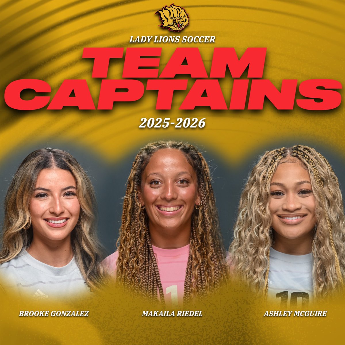 Three leaders, one mission 🦁⚽️
Brooke Gonzalez • Makaila Riedel • Ashley McGuire

Your 2025-26 Lady Lions Soccer Captains are locked in and ready to lead from the front 🔥