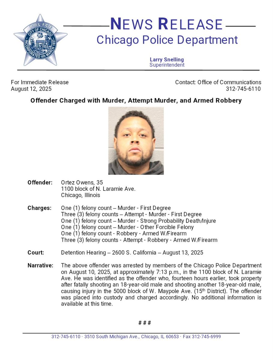 Tom Ahern (@tahern_) on Twitter photo Offender Charged with Murder, Attempt Murder, and Armed Robbery with a Firearm <a href="/ChicagoCAPS15/">15th District – Austin</a> <a href="/Area4Detectives/">Chicago Police Area 4 Detective Division</a> #ChicagoPolice Offender Charged with Murder, Attempt Murder, and Armed Robbery with a Firearm <a href="/ChicagoCAPS15/">15th District – Austin</a> <a href="/Area4Detectives/">Chicago Police Area 4 Detective Division</a> #ChicagoPolice
