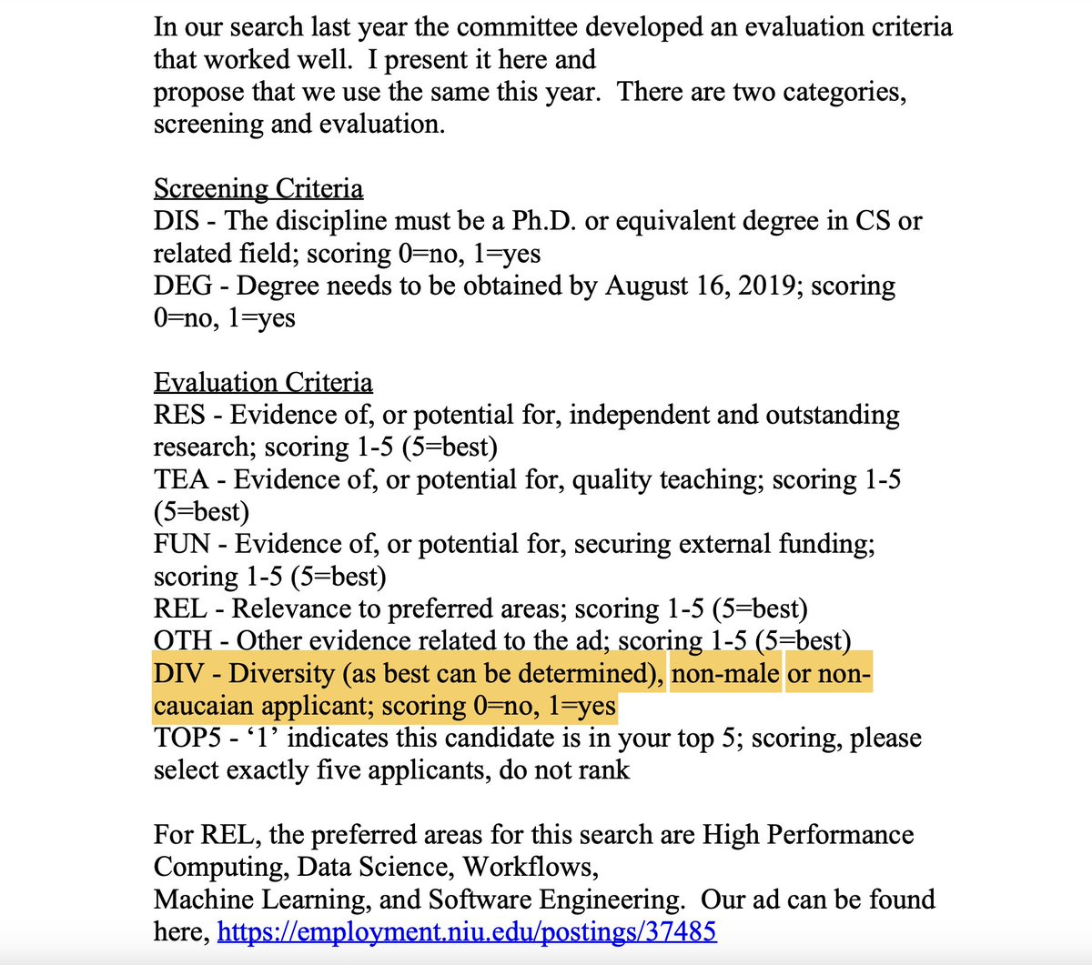 DOCUMENTS: At many universities, giving point for race has been so routine and ubiquitous that faculty casually put it in writing—in widely-circulated emails.

At Northern Illinois University, computer science job applicants got a boost for being non-male or “non-caucaian.”