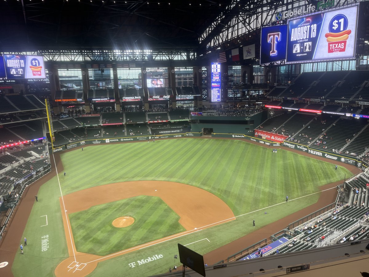 Will Conerly (@conerlywill) on Twitter photo At Globe Life Field tonight for <a href="/dfwticket/">96.7 The Ticket</a> as the Rangers face Arizona in Game 2 of 3.
Jack Leiter starts. He's 3-1 with a 3.12 ERA over his last 7 starts.
Texas looks to build on last night’s 5-run comeback win and improve on its MLB-best 2.73 home ERA. First pitch 7:05. At Globe Life Field tonight for <a href="/dfwticket/">96.7 The Ticket</a> as the Rangers face Arizona in Game 2 of 3.
Jack Leiter starts. He's 3-1 with a 3.12 ERA over his last 7 starts.
Texas looks to build on last night’s 5-run comeback win and improve on its MLB-best 2.73 home ERA. First pitch 7:05.