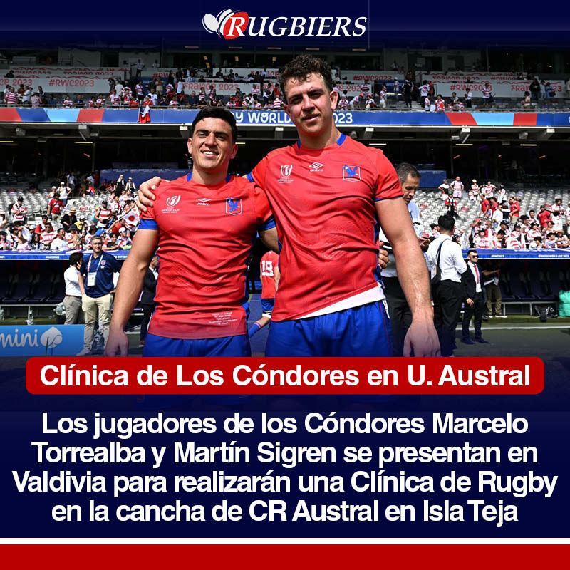 Rugbiers_'s tweet photo. #ARUS | #Condores Los Seleccionados nacional Marcelo Torrealba y Martín Sigren se presentarán en Valdivia para realizar una Clínica de Rugby en la cancha de CR Austral de Isla Teja. La jornada se desarrollará el sábado 16 de agosto desde las 10 hrs.
https://t.co/CBE2L5mVdL https://t.co/r2NxLC9EM9