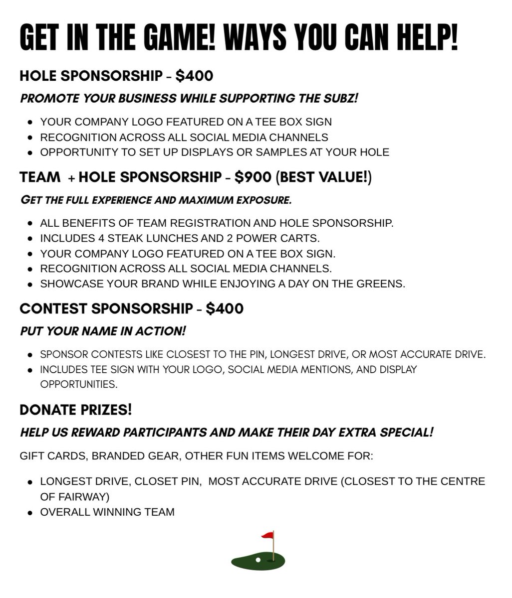 We’re looking for support from local businesses who would like to be involved with our Golf  Tournament! 

It’s going to be a great day on the course! We’d love to have you there! ⛳️