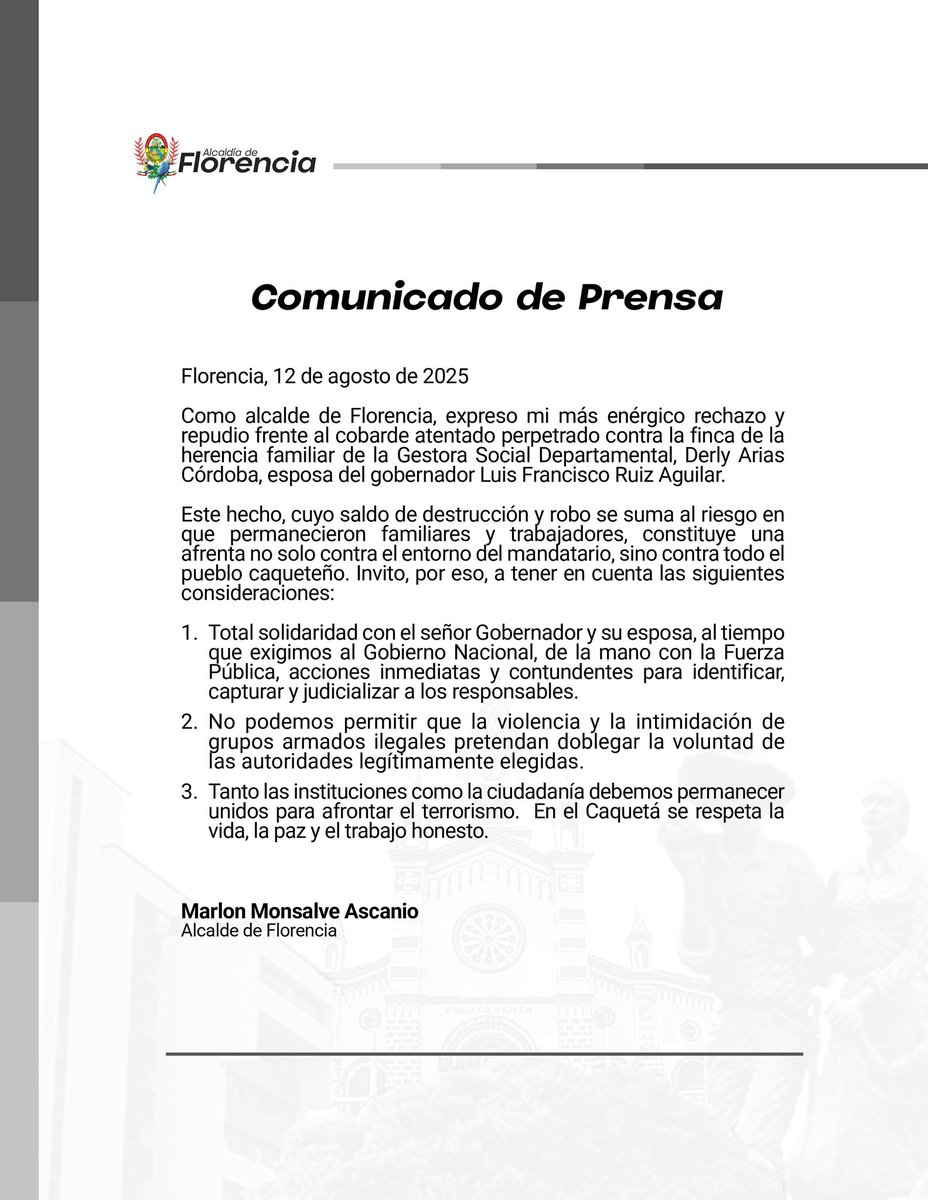 Rechazo el cobarde atentado contra la finca de la Gestora Social Departamental, Derly Arias Córdoba. Solidaridad con el gobernador Luis Francisco Ruiz Aguilar y su familia. Exigimos justicia y acciones efectivas para proteger la vida y la paz en el Caquetá. 
<a href="/MinjusticiaCo/">MinJusticia Colombia</a>