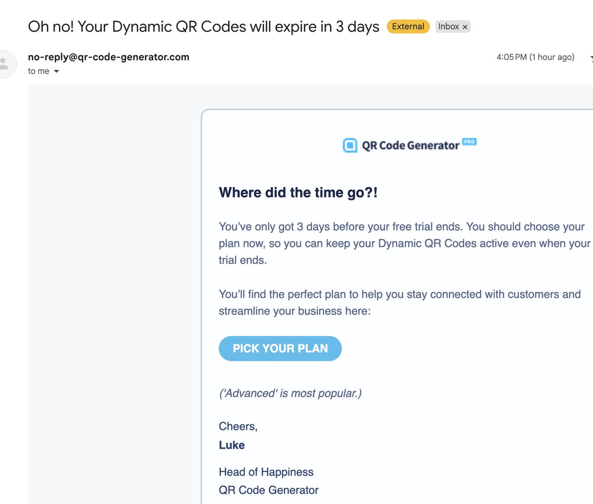 Why I'll never use <a href="/Bitly/">Bitly - The Connections Platform</a>  again. Saw a Google ad for a "Free QR Code Generator" (Bitly's project), made a QR, no clear expiry warning, printed materials... ~14 days later scans hit a paywall. Can't convert to free static.