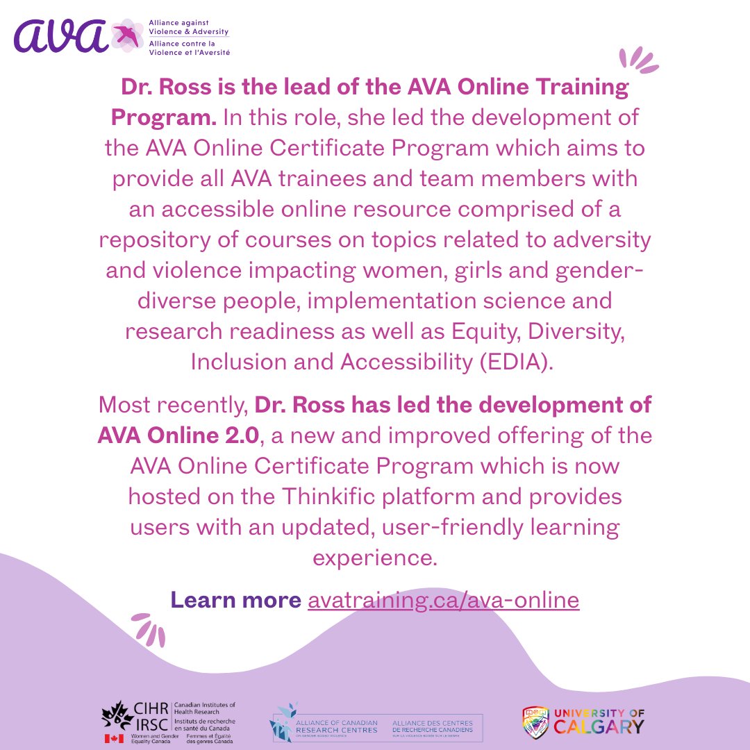 Today we highlight AVA Early Career Researcher, Dr. Kharah Ross. Dr. Ross is a Health Psychologist, an Associate Professor at Athabasca University and lead of the AVA Online Training Program. 

Stay tuned next Tuesday as we highlight another AVA Early Career Researcher! 

#AVA
