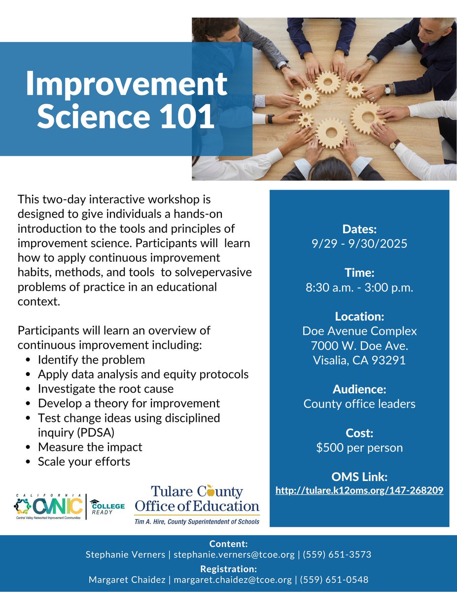 Leaders – TCOE is offering its popular "Improvement Science 101" training next month! This two-day interactive workshop will provide you with a hands-on introduction to the tools and principles of improvement science. Register today at tulare.k12oms.org/147-268209!