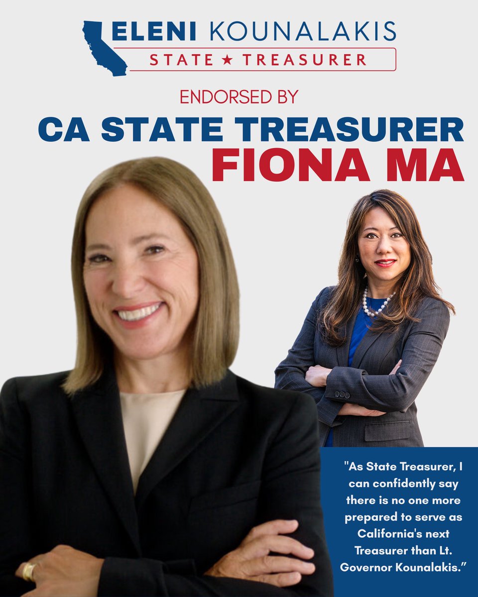 Eleni Kounalakis (@eleniforca) on Twitter photo I’m proud to have the endorsement of my friend and colleague, CA State Treasurer <a href="/fionama/">Fiona Ma, CPA</a>!
Her leadership has strengthened California’s economy and invested in our future. I’m ready to build on that record as your next State Treasurer! I’m proud to have the endorsement of my friend and colleague, CA State Treasurer <a href="/fionama/">Fiona Ma, CPA</a>!
Her leadership has strengthened California’s economy and invested in our future. I’m ready to build on that record as your next State Treasurer!