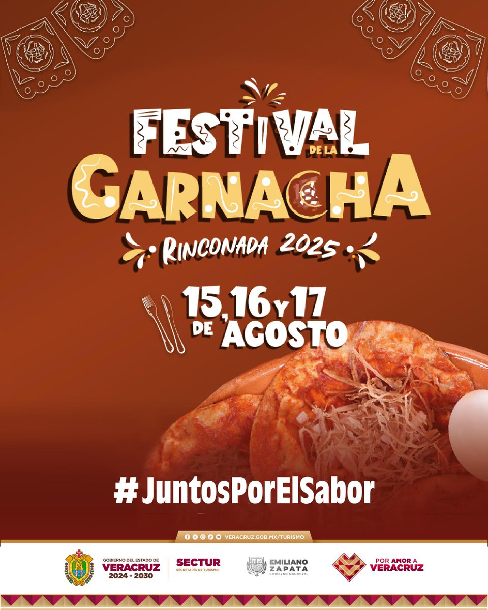 VeracruzTurismo's tweet photo. ¡Qué antojo! 🤤 Ya viene el Festival de la Garnacha 2025 🌮🎉

Acompáñanos con tu familia a disfrutar de este platillo los días 🗓️ 15, 16 y 17 de agosto.

��Rinconada, mpio. de Emiliano Zapata

#VeracruzEstáDeModa ✨ https://t.co/x0zmKuYoI9