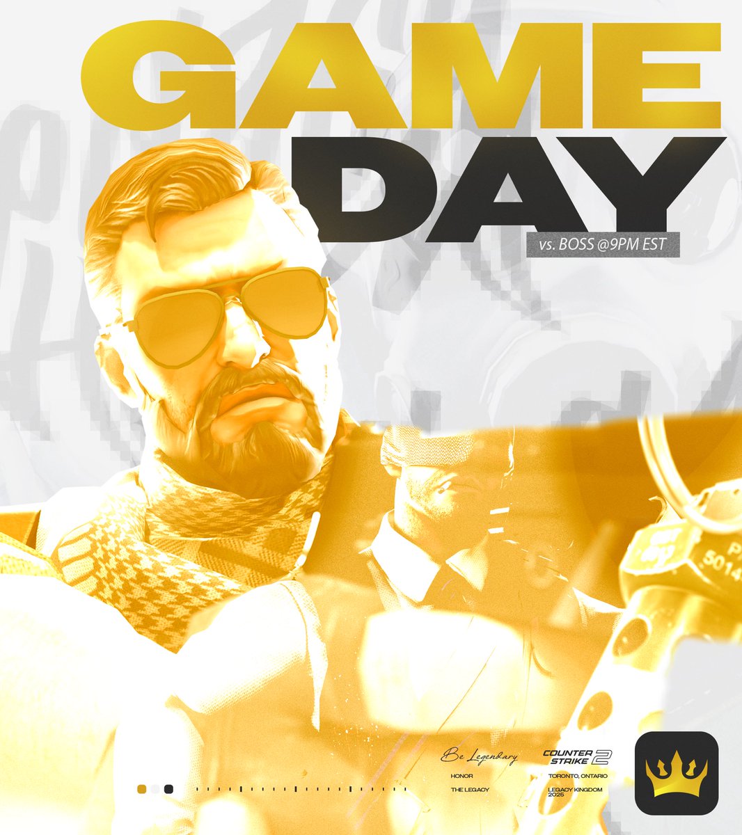 It’s Gameday for Legacy CS! 
It’s time for game 2 of the <a href="/ESLCS/">ESL Counter-Strike</a> Challenger cup vs <a href="/bossggofficial/">BOSS</a> ! 

🛡️<a href="/CoolComs/">Connor</a> 
🛡️<a href="/Pose1doNNo/">Pose1doNN</a> 
🛡️<a href="/hamboogaCS/">HAMBOOGA</a> 
🛡️<a href="/FxREcs/">FxRE</a> 
🛡️<a href="/CAJUN_CS/">CAJUN</a> 

🎨 <a href="/MediaByJorge/">Limitless Jorge</a> 
Stream 🔗 Below

We will #BELEGENDARY