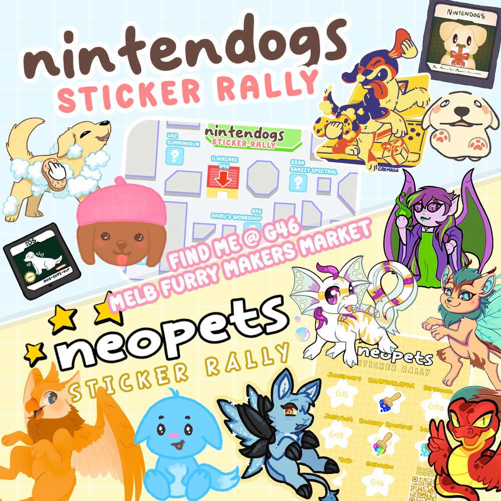 Come find me this Saturday at <a href="/MelbourneFurry/">Melbourne Furry Market</a> makers market!! 😁 I'll be hosting a Nintendogs and Neopets Sticker Rally~ it will cost $3 to join one or $5 for both ☺️

You can find all our socials here:
cakestickerrally.wixsite.com/mfmm-ntd
cakestickerrally.wixsite.com/mfmm-neopets
