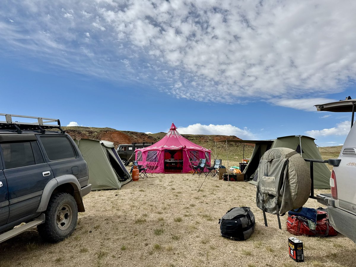 ExpeditionLive's tweet photo. Itโs that time of the field season when #dinodig25 crews are split btw Montana & Mongolia. #MADEx25 (Mongolian team) is up and running from base camp 1. Have a sweet new disco ger tent and camp dog. Time to find some #dinosaurs! Find our playlists here https://t.co/nzj2vBd7TF https://t.co/HBS2SUfItD