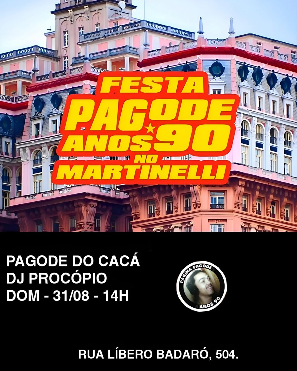 pagodeanos90's tweet image. ATENÇÃO, SP! O #Pagode90 está de volta dia 31/08, às 14h, no terraço do centenário primeiro arranha-céu da cidade: @edificiomartinelli
Ao vivo: @pagodedocaca + DJ Procópio
Clássicos: Raça Negra, SPC, Molejo, Soweto e mais
Lote promocional: entrada até 15h. Link na bio