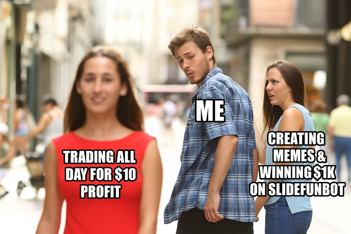 Danustazgraphic's tweet image. Top panel (No) Drake rejecting

✅Trading all day for $10 profit

Bottom panel (Yes): Drake pointing happily at 
✅buliding  memes &amp;amp; winning $1K on @SlideFunBot

The only market where green candles are optional but memes are mandatory.
@SlideFunBot #SlideFun #memecontest