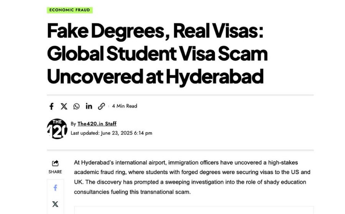 its_The_Dr's tweet image. Indians are using fake degrees for STUDENT VISAS to come to the United States.

They come in on a fraudulent F1 Visa, which they then transition into a fraudulent H1B Visa.

"In what officials are calling a “wake-up call” for global student visa processes, immigration officers at…