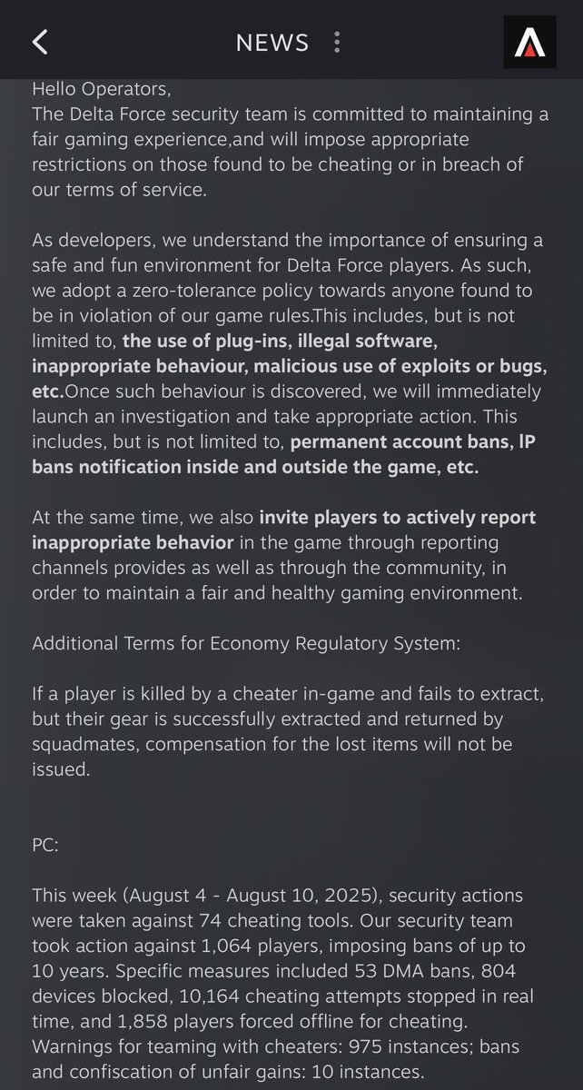 Triggerfing3r's tweet photo. @DeltaForce_Game seems to be going down the cash cow route with focusing on skins

With bf6 dropping and bo7 around the corner is this the end?

Update cheating is finally being addressed 
Hope they get it under control with console version dropping August 19 https://t.co/e2uDR5iEVk