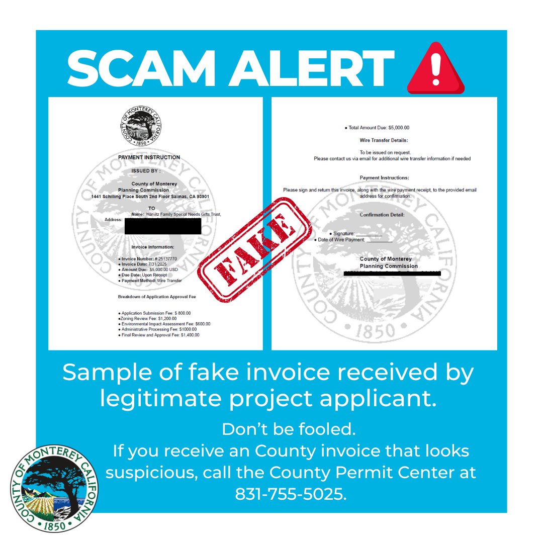 ⚠️⚠️Do you have a project pending before the County of Monterey Planning Commission? If you receive an unexpected invoice related to a county project, call the County Permit Center at 831-755-5025 to confirm its authentic.
Beware of a fake invoice scam! countyofmonterey.gov/Home/Component…