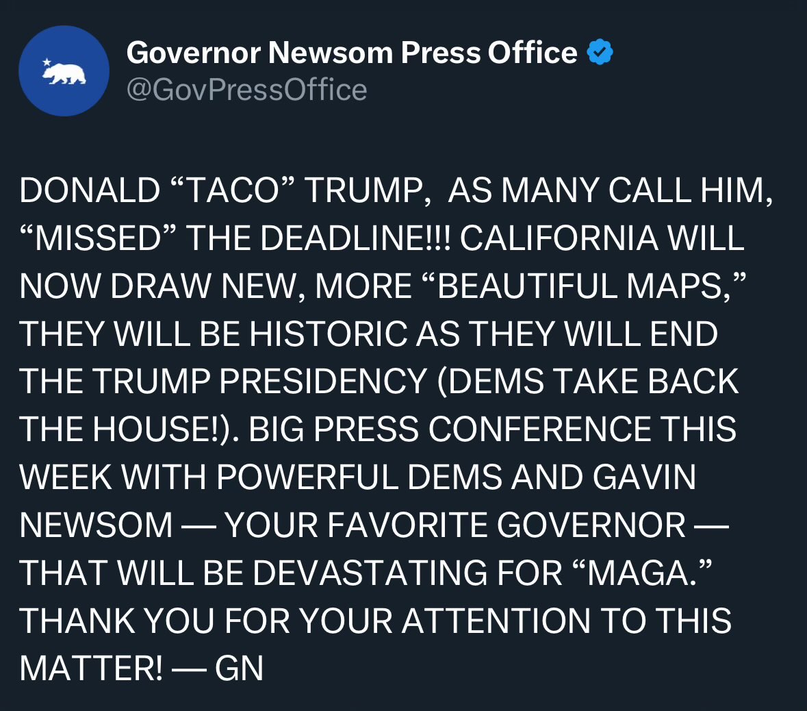 The Newsom press office account is gold 🤣