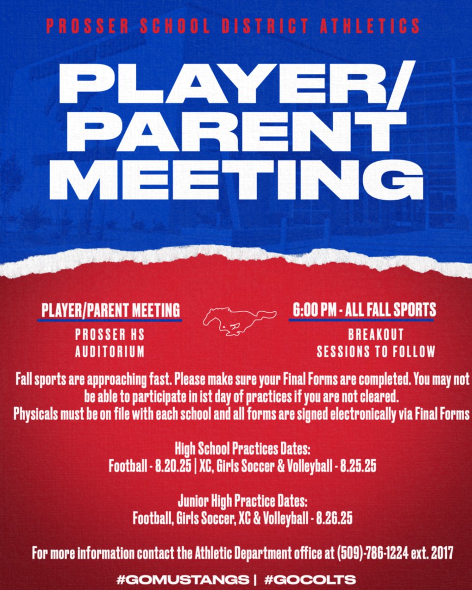 Fall athletics are approaching fast! Please make sure all forms are are signed via Final Forms &amp; Sports physicals are on file at either school prior to the 1st practice!

ASB's must be paid for prior to the first contest!

#GoMustangs #GoColts
