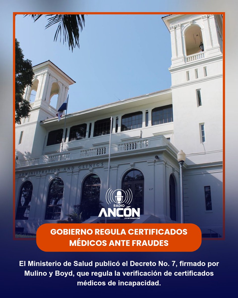 El Gobierno aprobó el Decreto No. 7 para verificar la autenticidad de certificados médicos de incapacidad, combatiendo fraudes y protegiendo el sistema de salud. Entrará en vigor en 60 días.

#Panama #Noticia #Minsa #Radio