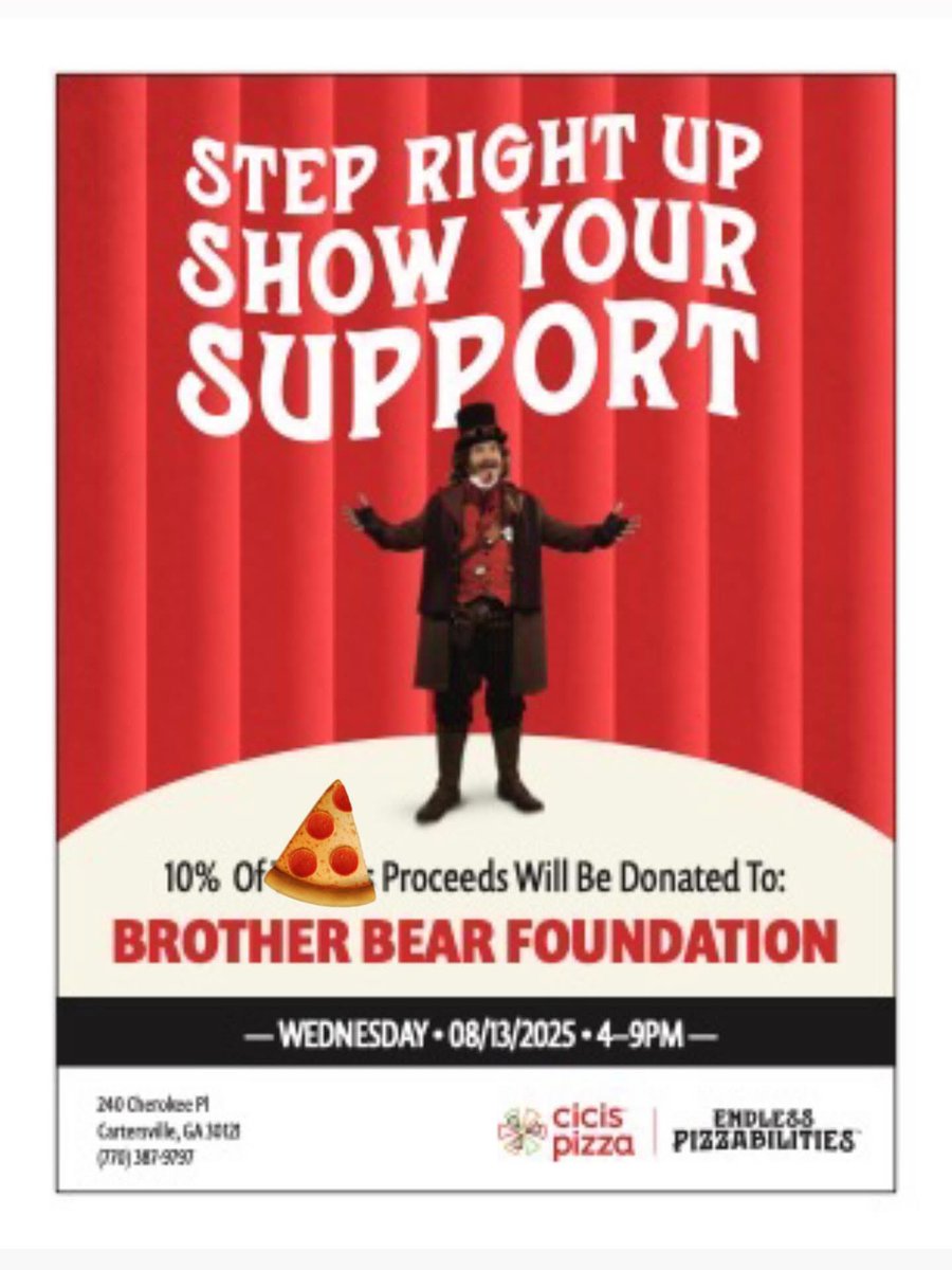 BearMcWhorter's tweet image. Tomorrow night CiCi's Pizza of Cville is donating 10% to the Brother Bear Foundation. If you don't have dinner plans - come join me! I'll be there after practice around 615/630 and will stay as long as needed to say hello to anyone that comes. #Adoption