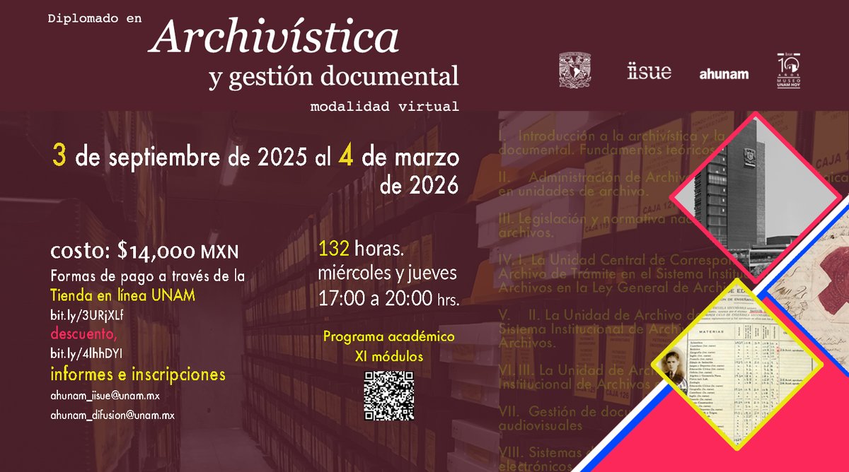 IISUE_UNAM's tweet image. El #AHUNAM te invita a cursar su #diplomado virtual en #Archivística y #GestiónDocumental, del 3 de sept al 4 de marzo
Conoce el programa con el código QR
Informes: ahunam_difusion@unam.mx
#EventosdelAHUNAM #IISUEUNAM @ahunam_difusion @PerfilesUNAM @DGDH_UNAM @cmch_historicas