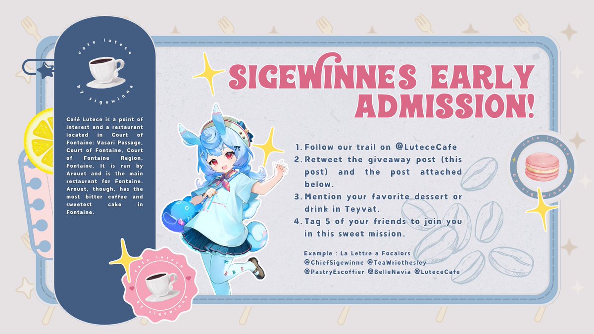 LuteceCafe's tweet image. ᅠ
۶ৎ The café doors creak open just a little wide. To all sweet dreamers, TWO aprons await the ones kissed by fortune. Sigewinne's Early Admission remains open until August 14, 2025, at 5 PM (GMT+7).

Come sip the first taste of your journey with us. We'll be waiting. ᢉ𐭩
ᅠ