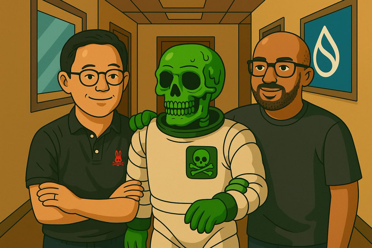 Cartoon of Mysten Labs founders with a green skeleton in a spacesuit