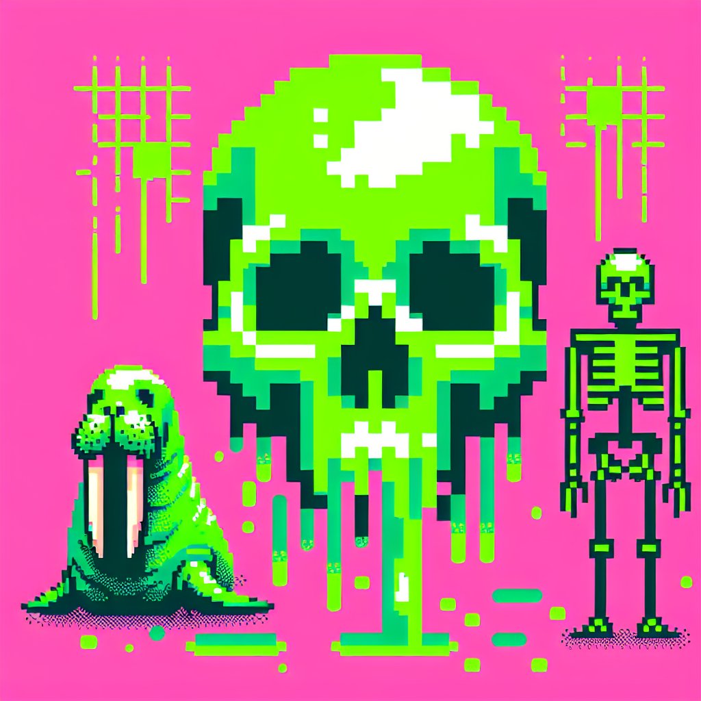 Pixel art of a melting green skull, walrus, and skeleton on pink background