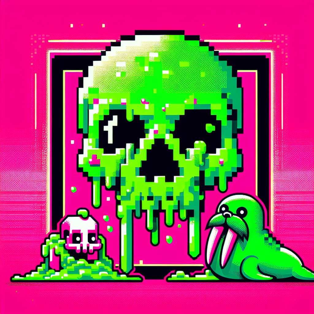 Pixel art of a framed melting skull with a small skull and green walrus