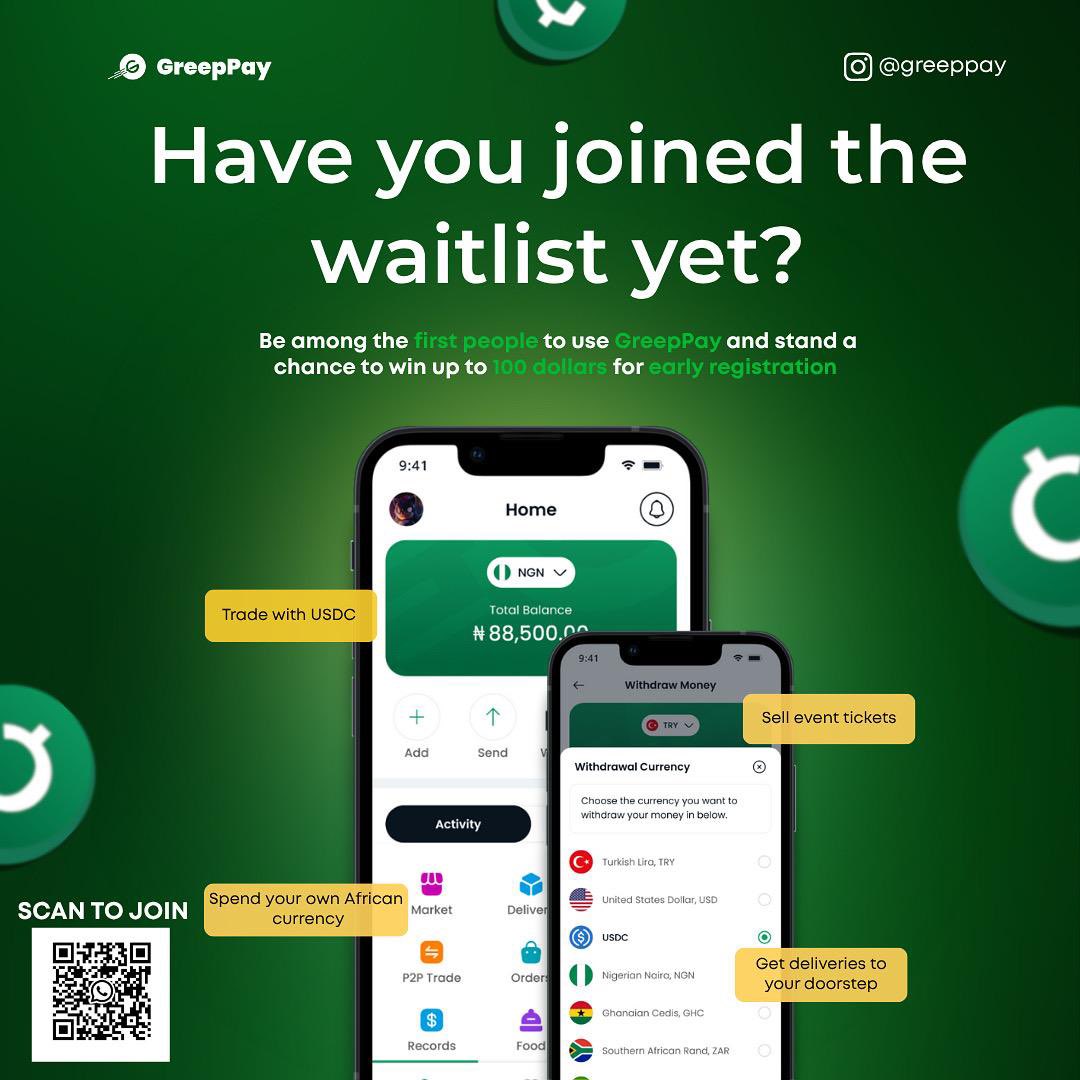 Greeppay's tweet photo. The GreepPay app is launching soon, and the countdown has begun!

What are you waiting for? 

Join the waitlist today and be among the first to experience seamless payments with GreepPay.

By registering early, you stand a chance to win up to $100 in cash! https://t.co/FIpDXKh5nU