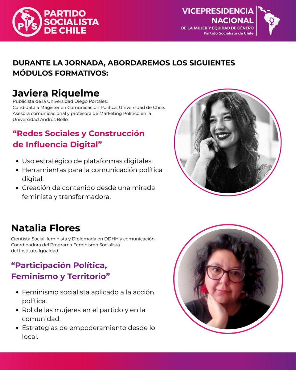 Mañana parten las Escuelas de Formación Política Regionales 2025 "Mujer Toma Partido" org por la Vicepresidencia Nacional <a href="/MujeresPS/">Mujeres Socialistas</a>, en esta oportunidad, en conjunto a Vicepresidencia de la Mujer de la Región Metropolitana.
📅 Miércoles 13 agosto
📍 Sede PS, Santiago
🕘 18:00