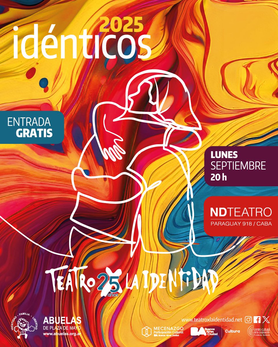 TxIBuenosAires's tweet photo. Para seguir festejando nuestros 25 años, vuelve un clásico de Teatroxlaidentidad.

🟰IDÉNTICOS 👯‍♀️

➡️ Monólogos ➕ música en vivo ⬅️

🗓 LUNES de SEPTIEMBRE ⏱ 20 h
📍 @NdTeatro - Paraguay 918, CABA.

🆓 ENTRADA GRATIS

@abuelasdifusion 
#Identicos #TxI25Años 
#teatroxlaidentidad https://t.co/5ghfQQ9GiS
