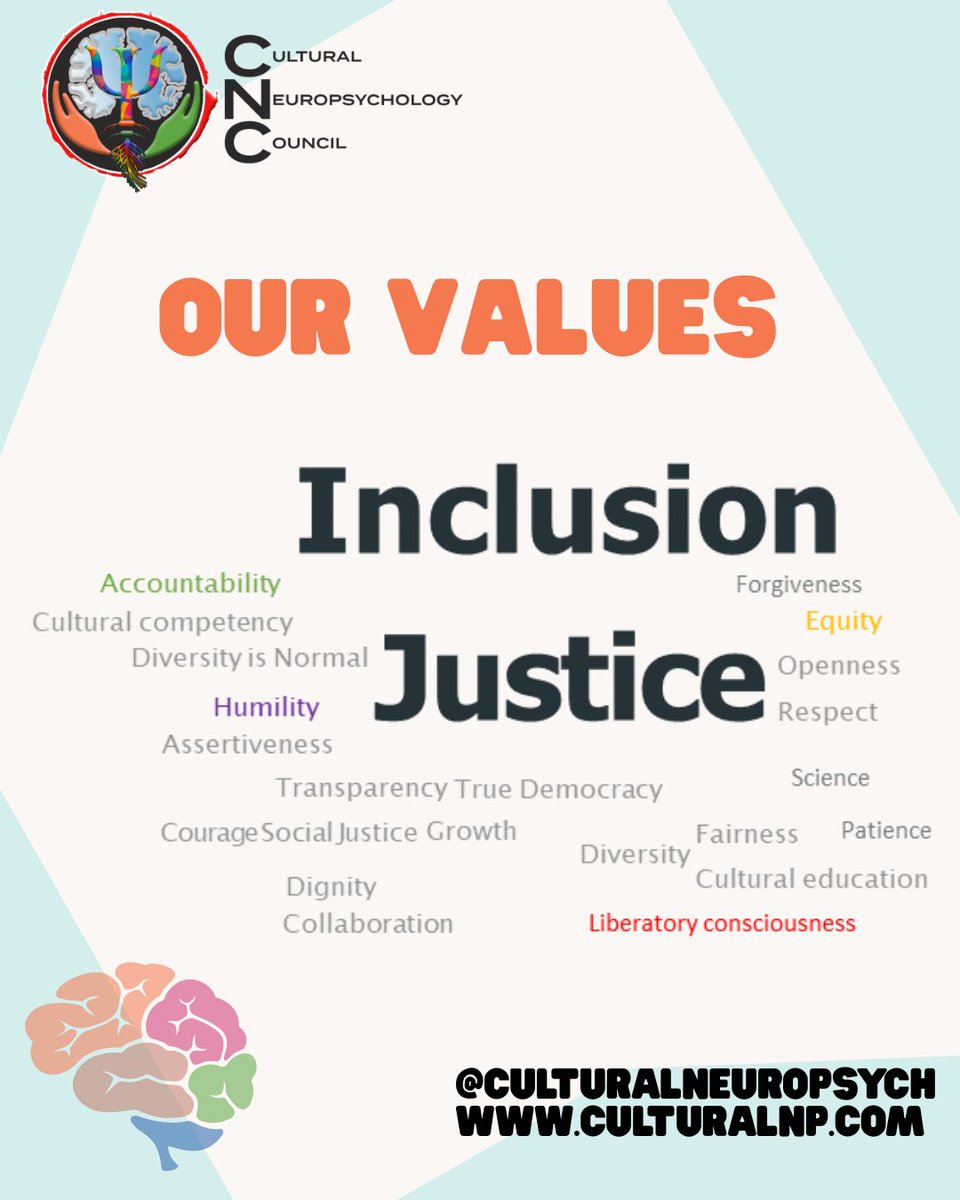 Inclusion. Justice. Equity. Accountability.

Our values are the blueprint for transforming neuropsychology to truly serve all communities.

#EquityInNeuropsychology #Inclusion #Justice #Neuropsychology #CulturalNeuropsych