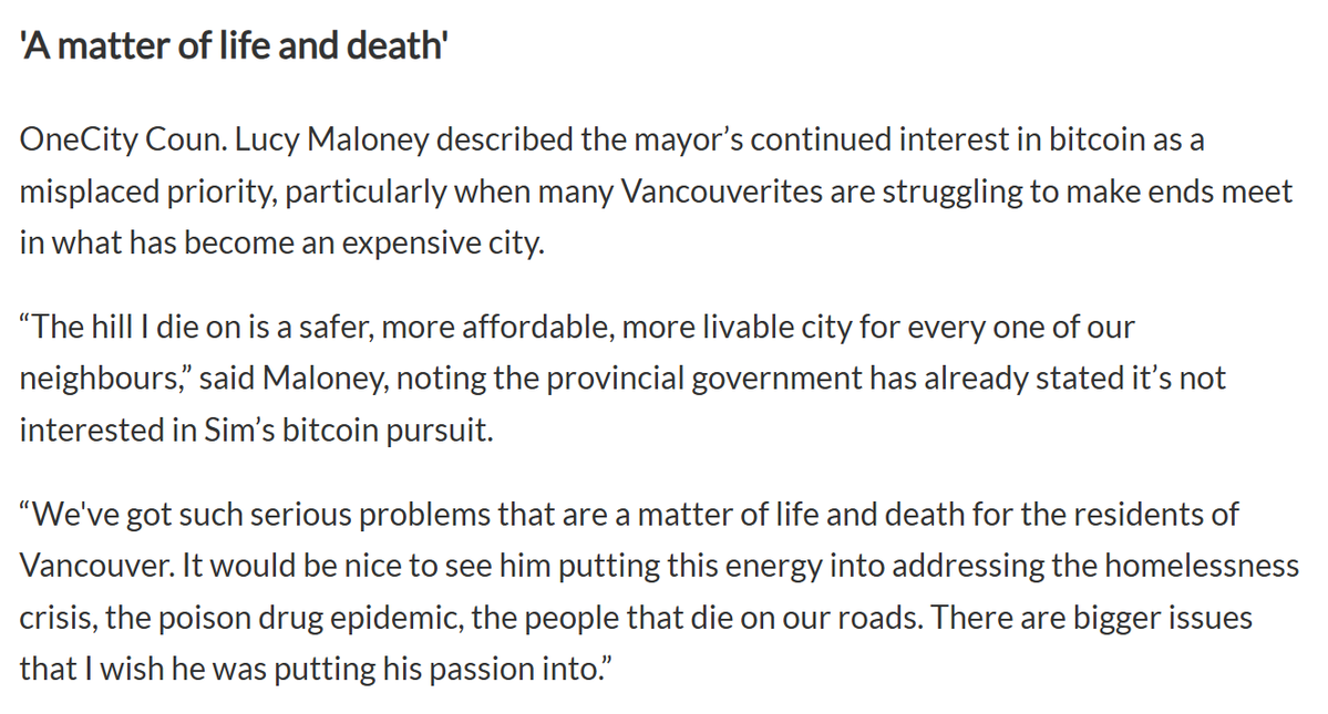 OneCity Vancouver (@onecityvan) on Twitter photo .<a href="/KenSimCity/">Mayor Ken Sim</a> is back on his Bitcoin crusade this weekend, speaking at the Learning Bitcoin conference.
The mayor has called Bitcoin a "hill he'll die on."
The hill <a href="/Lucyincanada/">Lucy Maloney</a> will die on is a safer, more affordable, more livable city for every one of our neighbours. .<a href="/KenSimCity/">Mayor Ken Sim</a> is back on his Bitcoin crusade this weekend, speaking at the Learning Bitcoin conference.
The mayor has called Bitcoin a "hill he'll die on."
The hill <a href="/Lucyincanada/">Lucy Maloney</a> will die on is a safer, more affordable, more livable city for every one of our neighbours.