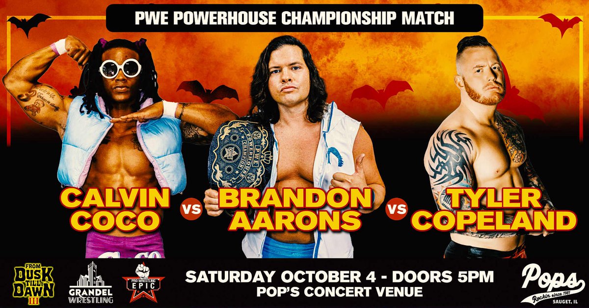 Grandel Wrestling (@grandelwrestle) on Twitter photo ✨ The PWE Powerhouse Championship is on the line! 💥
🏆 <a href="/brandonaarons/">Brandon With The Good Hair</a> defends against <a href="/TheCalvinCoCo/">Calvin Céline-Charles CoCo</a> and Tyler Copeland in a Triple threat match!
📅 Saturday, October 4
⏰ Doors: 5PM | Bell Time: 6PM
📍 Pop’s Concert Venue – Sauget, IL
🎟 ticketweb.com/event/from-dus… ✨ The PWE Powerhouse Championship is on the line! 💥
🏆 <a href="/brandonaarons/">Brandon With The Good Hair</a> defends against <a href="/TheCalvinCoCo/">Calvin Céline-Charles CoCo</a> and Tyler Copeland in a Triple threat match!
📅 Saturday, October 4
⏰ Doors: 5PM | Bell Time: 6PM
📍 Pop’s Concert Venue – Sauget, IL
🎟 ticketweb.com/event/from-dus…