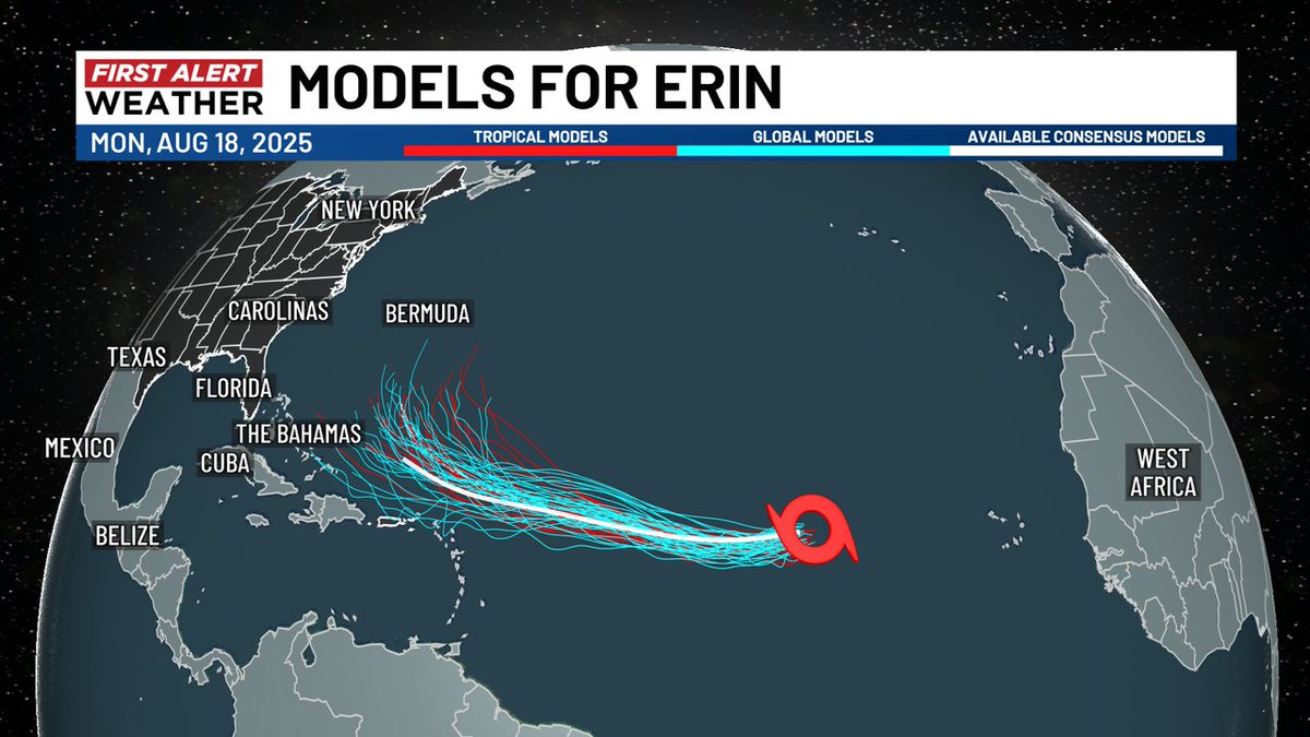 A spaghetti plot of various computer models shows #Erin becoming a hurricane, possibly a major one. Most models show a northward turn prior to a U.S. approach but we'll need to watch it closely since it will be large and strong. #WECTwx #ILMwx